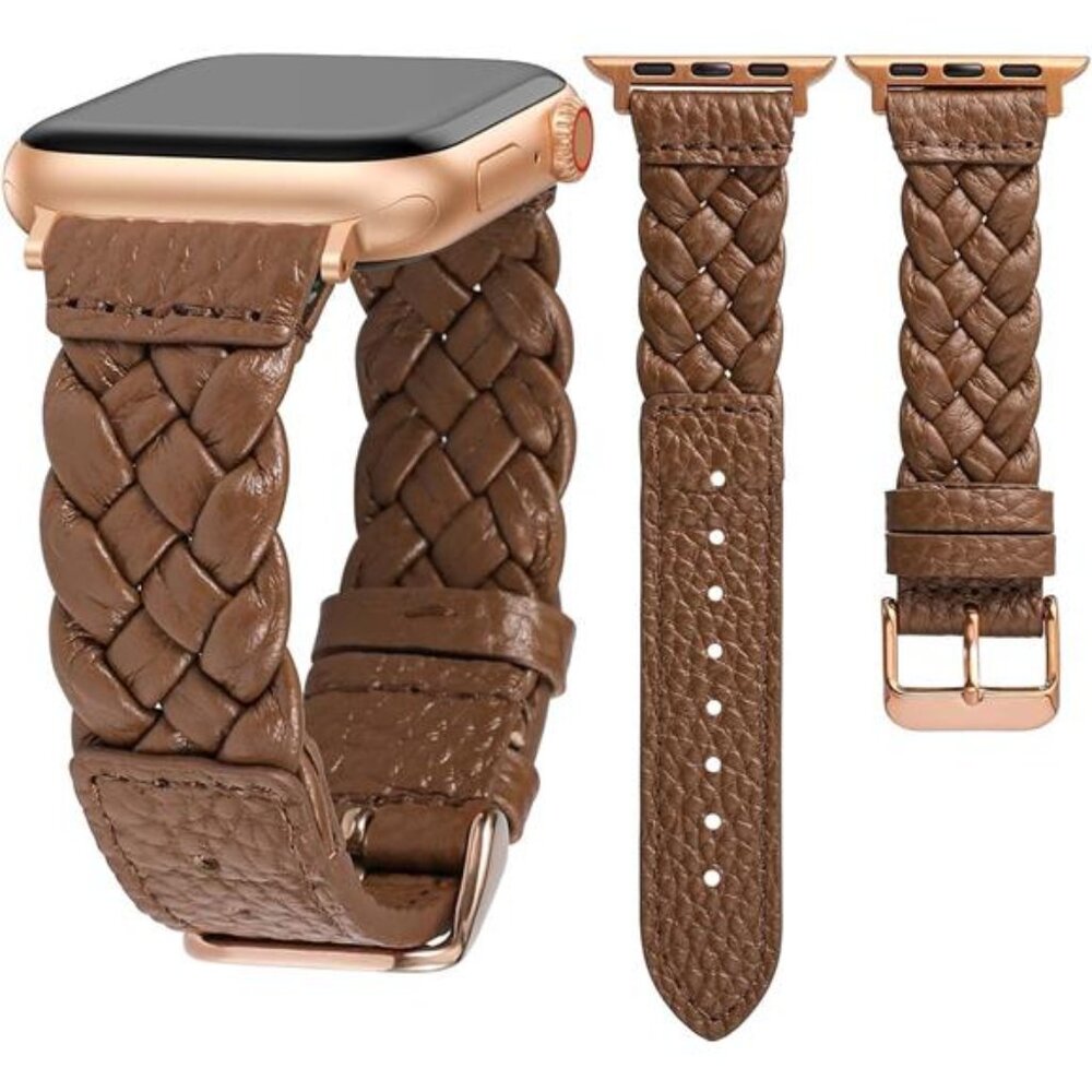 NEW Brown/Rose Gold Braided Genuine Leather Luxury Apple Watch Band